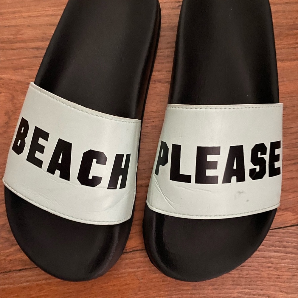 PINK VS “BEACH PLEASE” Black/Green Sandals/Slides - Picture 2 of 5
